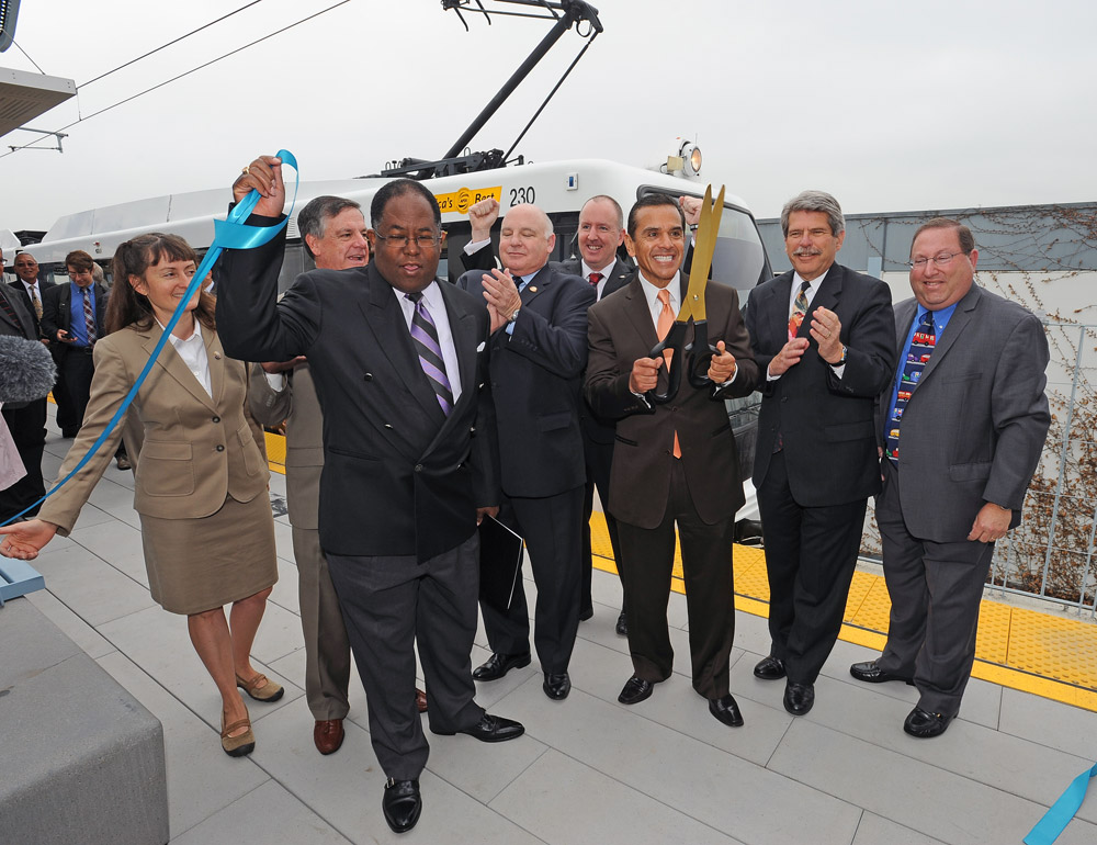 New Expo Stations open Los Angeles Mayor Antonio Villaraigosa leads opening day festivities for new Expo Line stations at Culver City Station. From left, Culver City council members Meghan Sahli-Wells, Jim B. Clarke, Los Angeles County Supervisor Mark Ridley-Thomas, Culver City Mayor Andy Weissman, Culver City Councilman Michael O'Leary, Mayor Villaraigosa, Los Angeles County Supervisor Zev Yaroslavsky and Los Angeles City Councilman Paul Koretz. Photos by Juan Ocampo.
