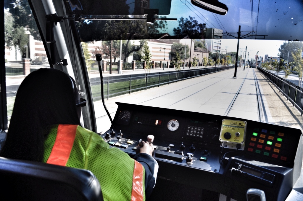 A train operator navigates the Expo Line through the Exposition Park area during testing in 2011. Photo by Steve Hymon/Metro.