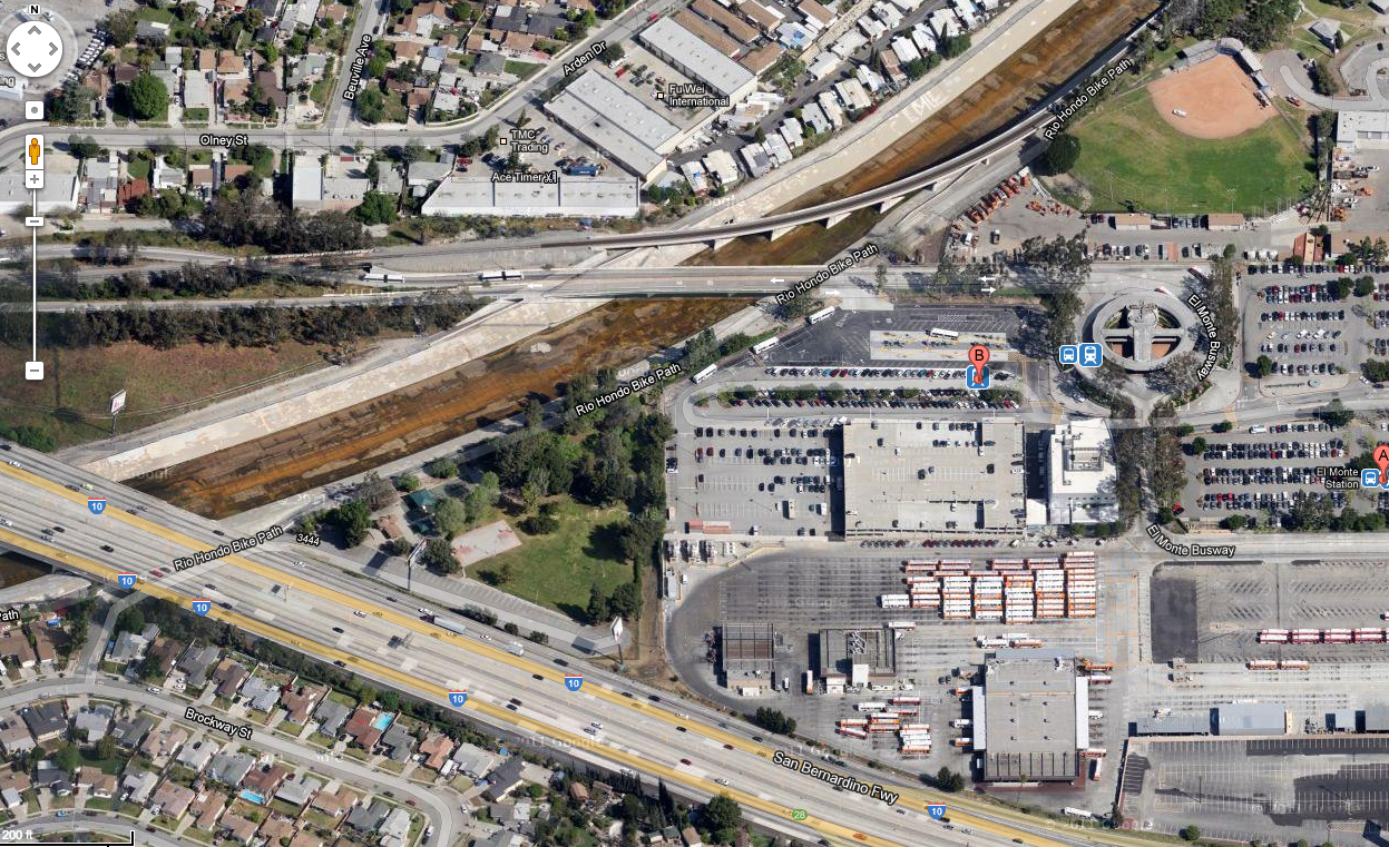 A view of the Rio Hondo Bikeway and the old El Monte station from Google Maps.