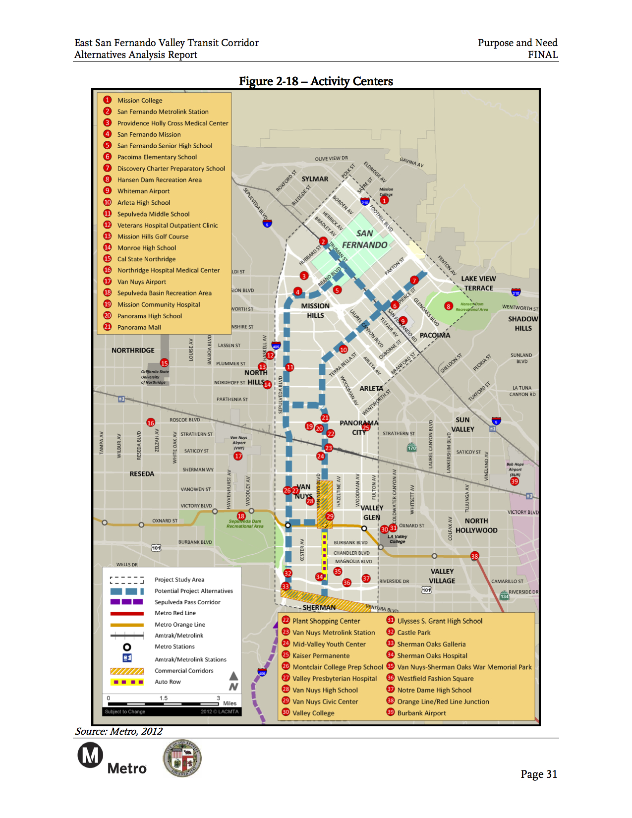 Major activity centers in the study area for the East San Fernando Valley Transit Corridor. Click above to see larger.