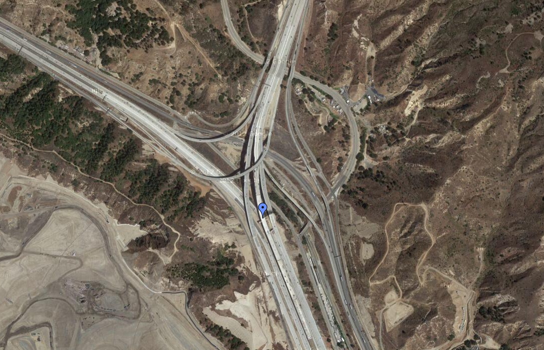 The blue pin shows the new connector that allows motorists to travel between the HOV lanes on the 5 and 14 freeways. Photo: Google Maps.