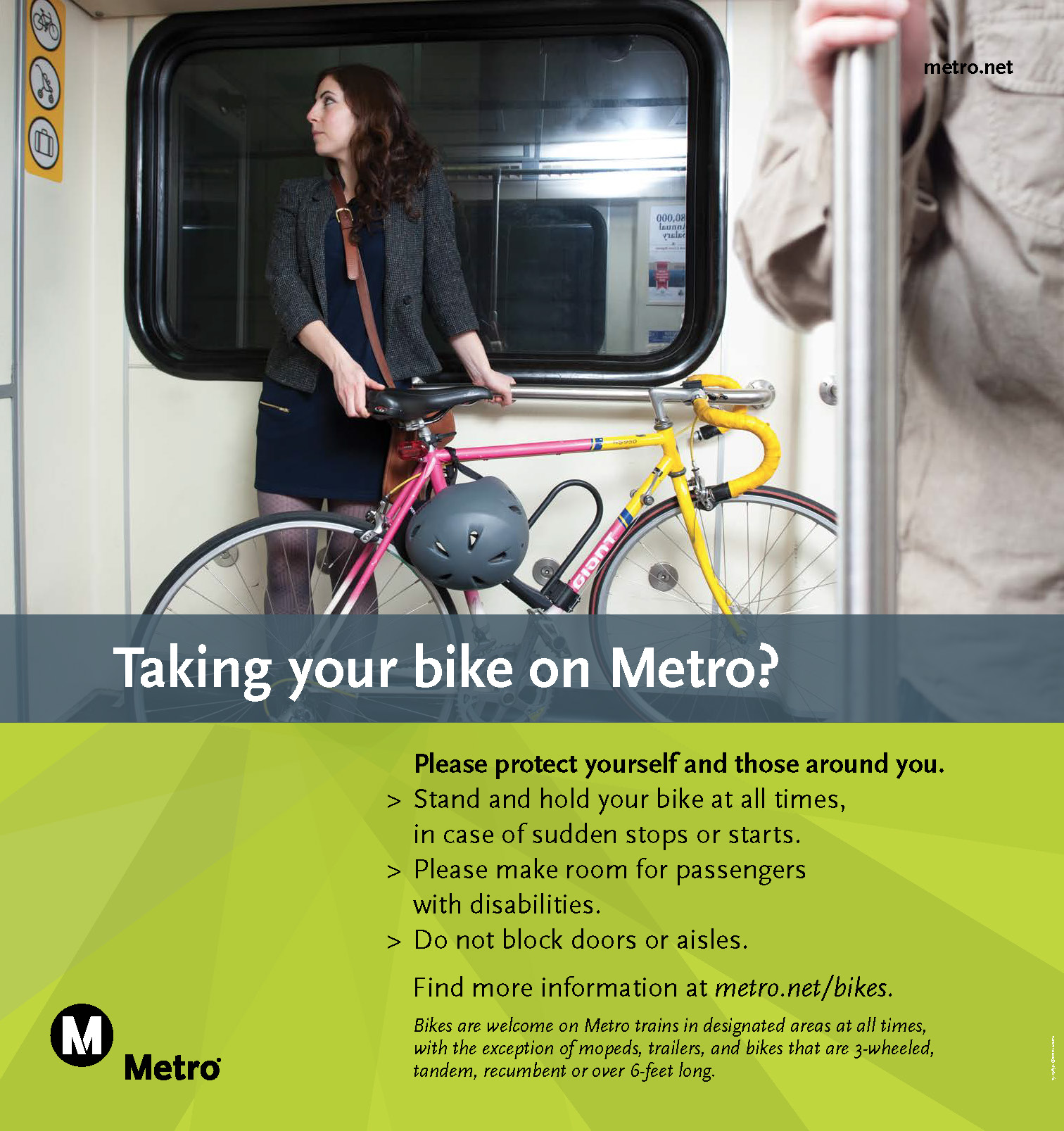 New Metro posters urge cyclists to stay with their bikes in the designated area and do not block train doors or aisles.