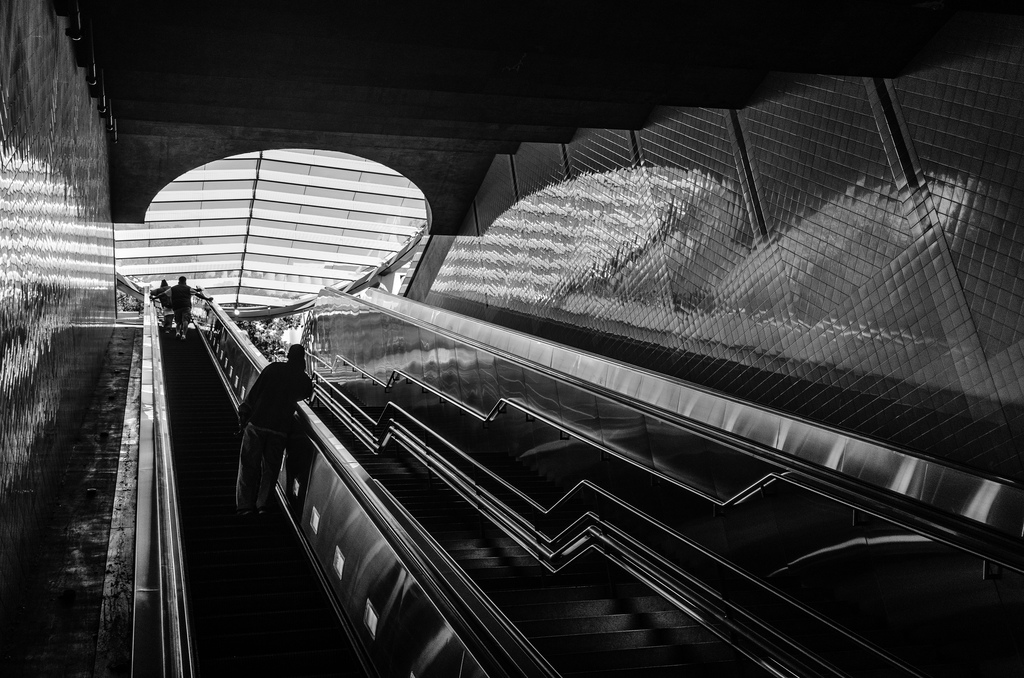 ART OF TRANSIT: Well, I've become what I once beheld, succumbing to the temptation to take photos of escalators in transit stations. This is the Red/Purple Lines Civic Center Station with the nearly completed canopy seen above. Photo by Steve Hymon/Metro.