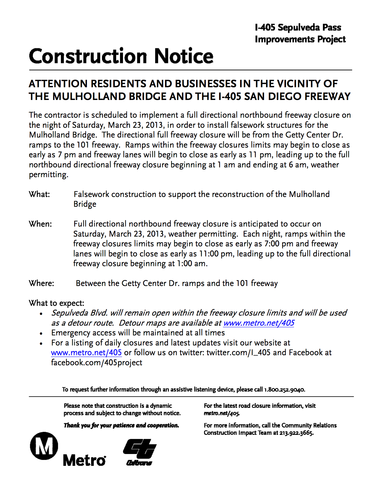 Construction notice full northbound 405 closure from Getty Center
