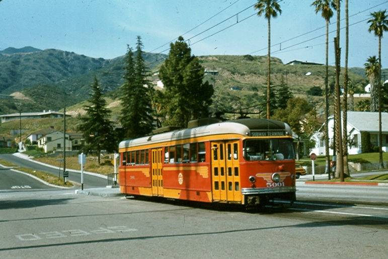 A streetcar on Brand Boulevard in Glendale in the mid 1950s. Photo by Alan Weeks via Metro Transportation Library and Archive's Flickr collection.