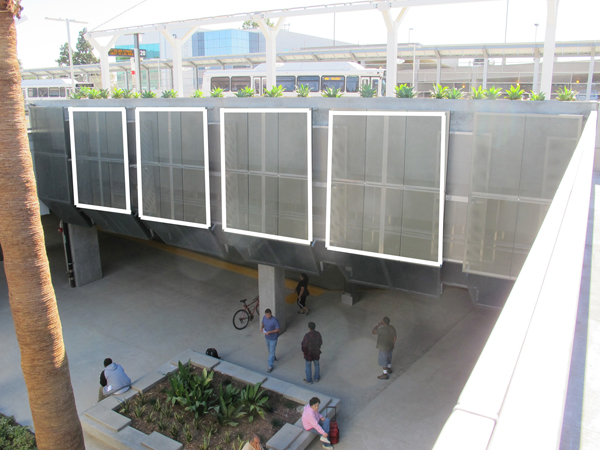 View of artwork location at transit bay concourse wall. Each panel measures approximately 8’ x 8’ (there are four identical bays with four identically sized panels).