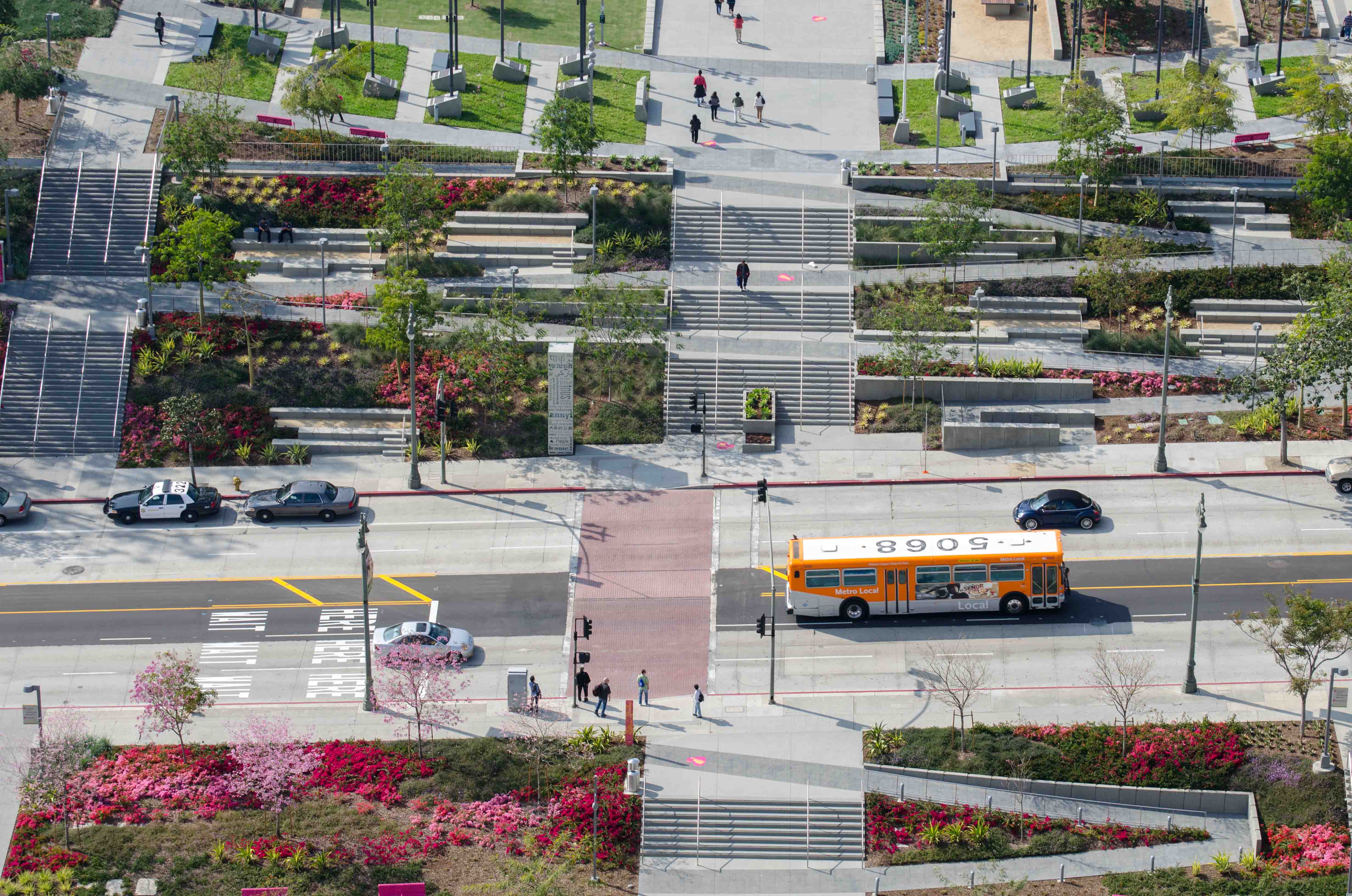 ART OF TRANSIT: A Metro local bus on Broadway passes the entrances to Grand Park in downtown L.A. Photo by Steve Hymon/Metro.