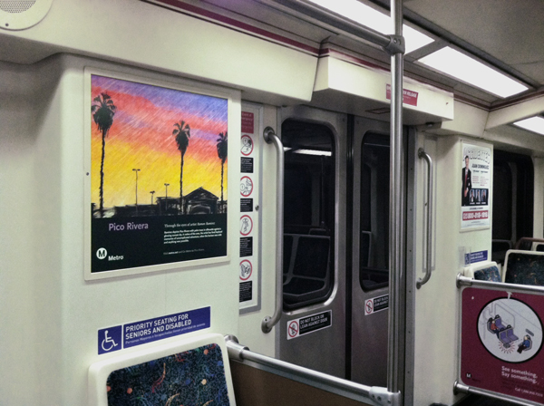 Pico Rivera poster spotted on a Red Line train, part of the Metro Through the Eyes of Artists poster series.
