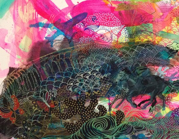 Detail of artwork design by Wakana Kimura. The work is part of the Metro Through the Eyes of Artists poster series, which commissions local artists to create original artworks that express the uniqueness of Los Angeles County neighborhoods, as a way of encouraging people to take Metro to explore new destinations.