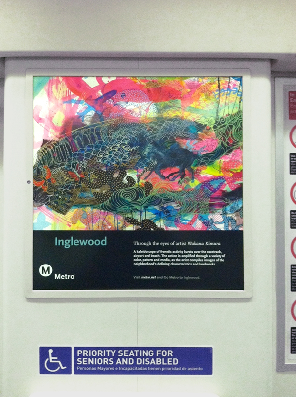 Inglewood poster spotted on a Red Line train, part of the Metro Through the Eyes of Artists poster series.