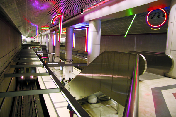 Neon artwork by Stephen Antonakos at Pershing Square Station