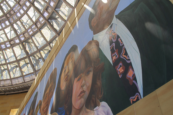 Detail of City of Dreams/River of History before maintenance work. The 80 foot long mural by Richard Wyatt is located in Union Station’s East Portal.