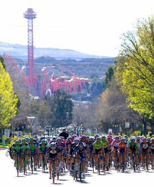 Cyclists with Magic Mountain in the background. Photo from Santa Clarita Tour of CA 2013 Official Facebook