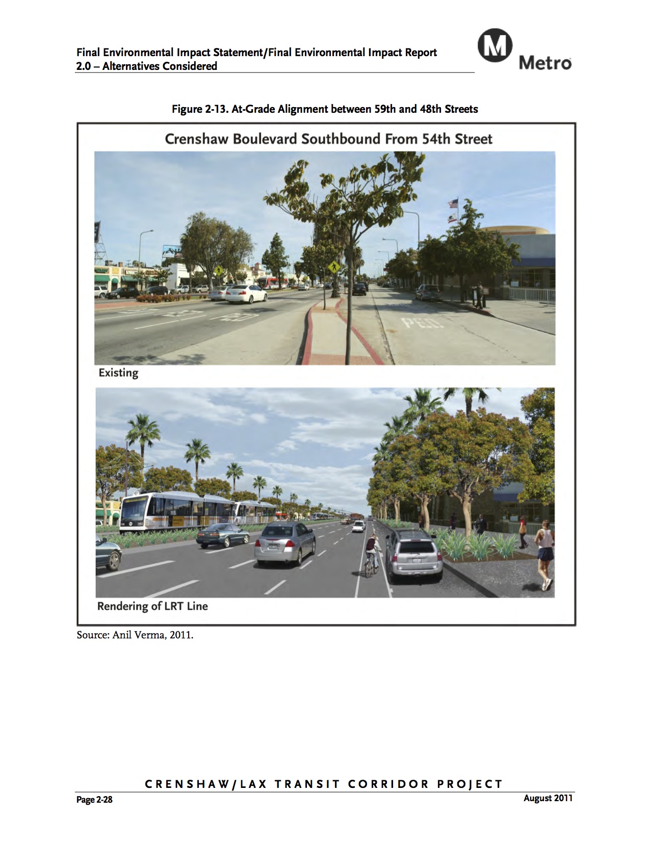 A rendering from the Crenshaw/LAX Line's final environmental document showing the light rail running at grade between 48th and 59th.