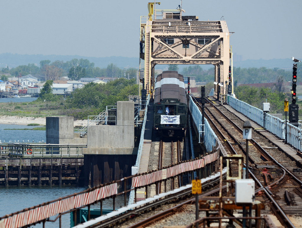 A ceremonial Nostalgia Train crosses the South Channel Bridge on its way to Rockaway Park on Thursday, May 30, 2013, marking the return of regular subway service to the Rockaways after Hurricane Sandy. Photo: MTA New York City Transit / Marc A. Hermann