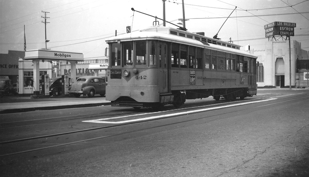 ART OF TRANSIT: Guess the intersection! And after you incorrectly guess, click above to check out the Metro Library's awesome Flickr stream with tons of similar photos of Los Angeles Transit Lines' streetcars. Photo: Alan Weeks.