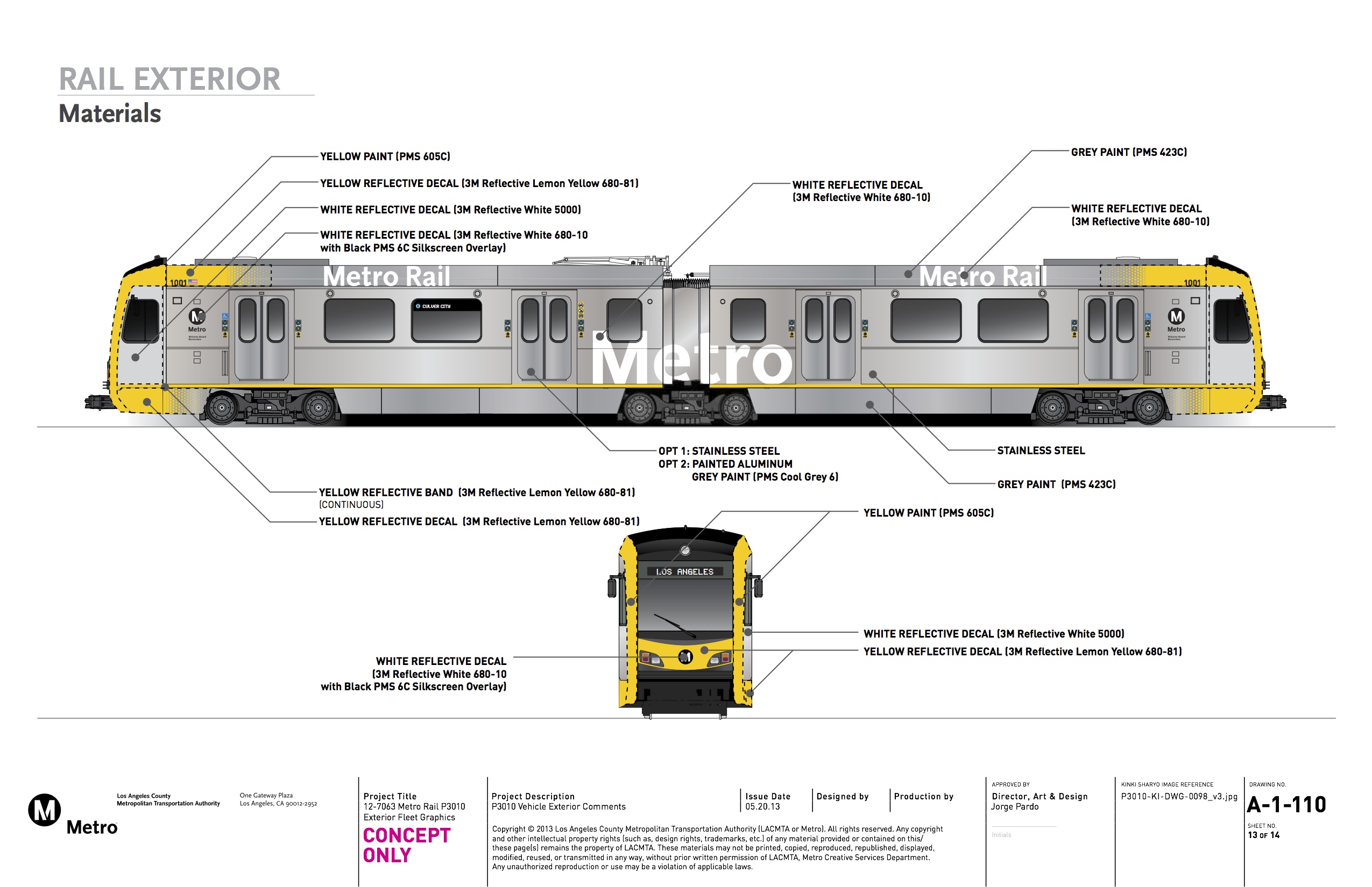 Drawings of the exterior of the new light rail vehicles prepared by Metro’s Creative Service department and formally submitted to Kinkisharyo.