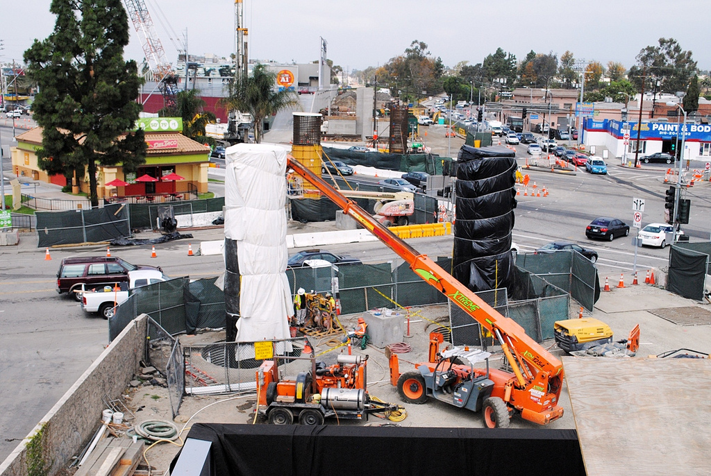 Work this past spring on the Expo Line's bridge over Venice Boulevard. Photo by Alan Weeks, via Metro Transportation Library's Flickr stream.