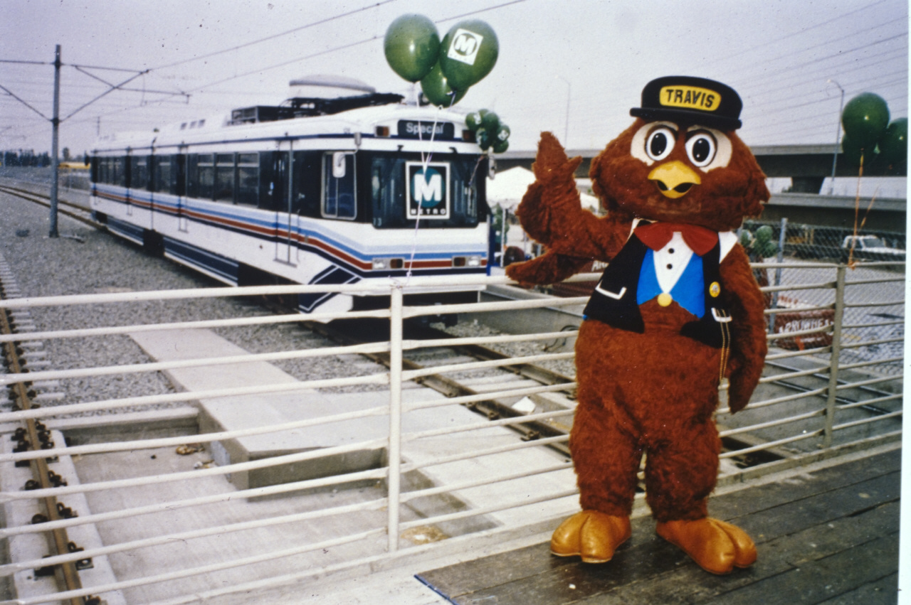 ART OF TRANSIT: Happy 18th birthday to the Green Line, which opened Aug. 11, 1995. That's Travis the Safety Owl, who apparently has since retired. Photo: Metro Transportation Library & Archive.