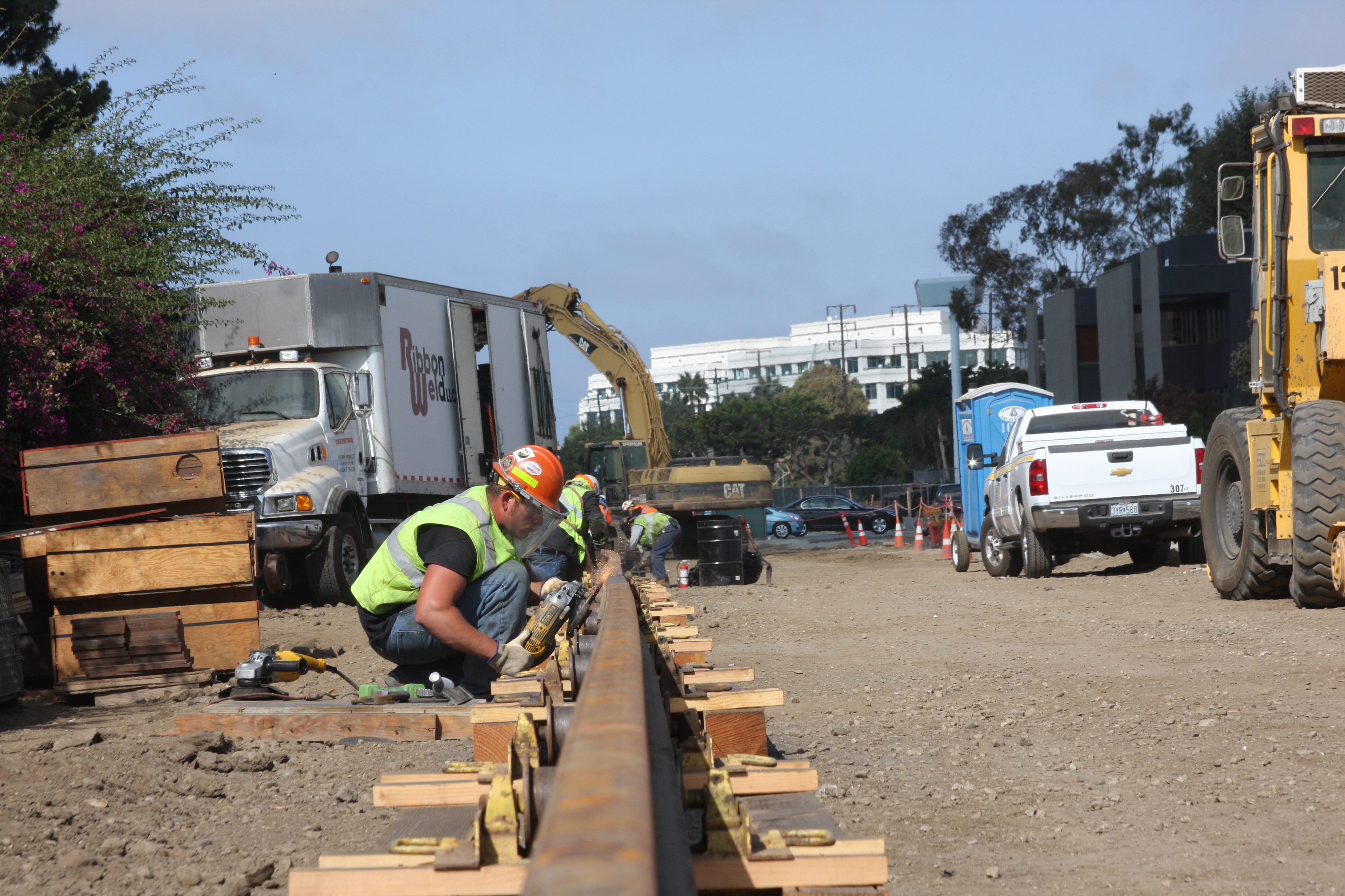 Rail welding for the Expo Line near Stewart Street in Santa Monica.