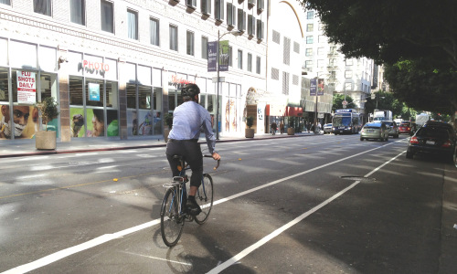 A test spin on the new portion of the 7th Street bike lane in DTLA. Photo: LADOT Bike Blog.