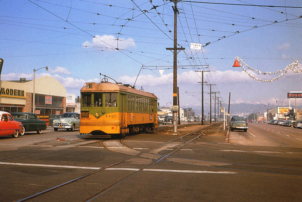 One of the old Yellow Cars at Crenshaw & 54th in 1954. Photo by Alan Weeks via Metro Transportation Library and Archive.