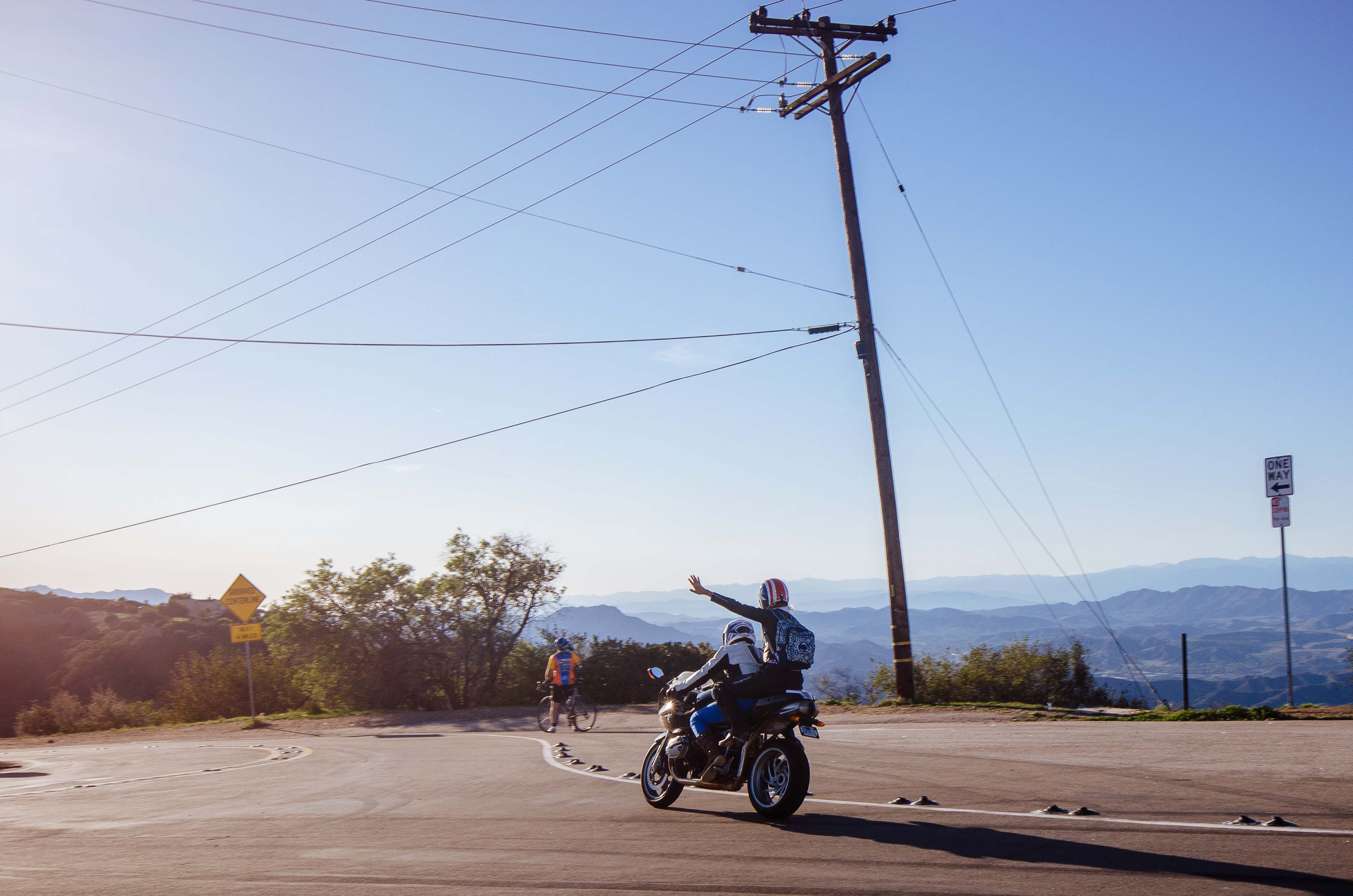 Art of Transit: two different types of two-wheelers at the top of Stunt Road in the Santa Monica Mountains. Photo by Steve Hymon.