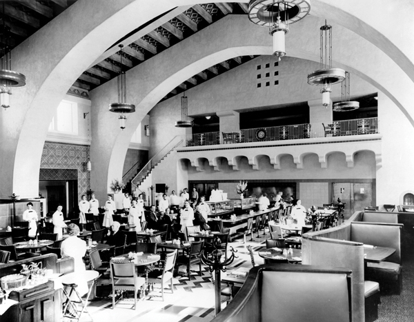 In the new station, the Fred Harvey restaurant was ready to open with its staff of Harvey Girls. Courtesy of the Los Angeles Railroad Heritage Foundation Collection. Photo by the Santa Fe Railway.