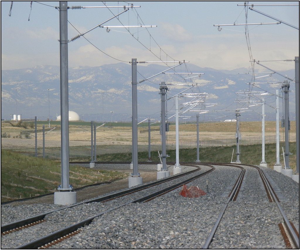 Tracks on the rail project linking downtown Denver to DIA, which sits on the prairie far east of town. Photo via RTD's Flickr page.