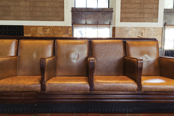 Union Station's original brown leather seating from Angelus Furniture Company, the now-defunct, but previously legendary local furniture shop located in East Los Angeles.