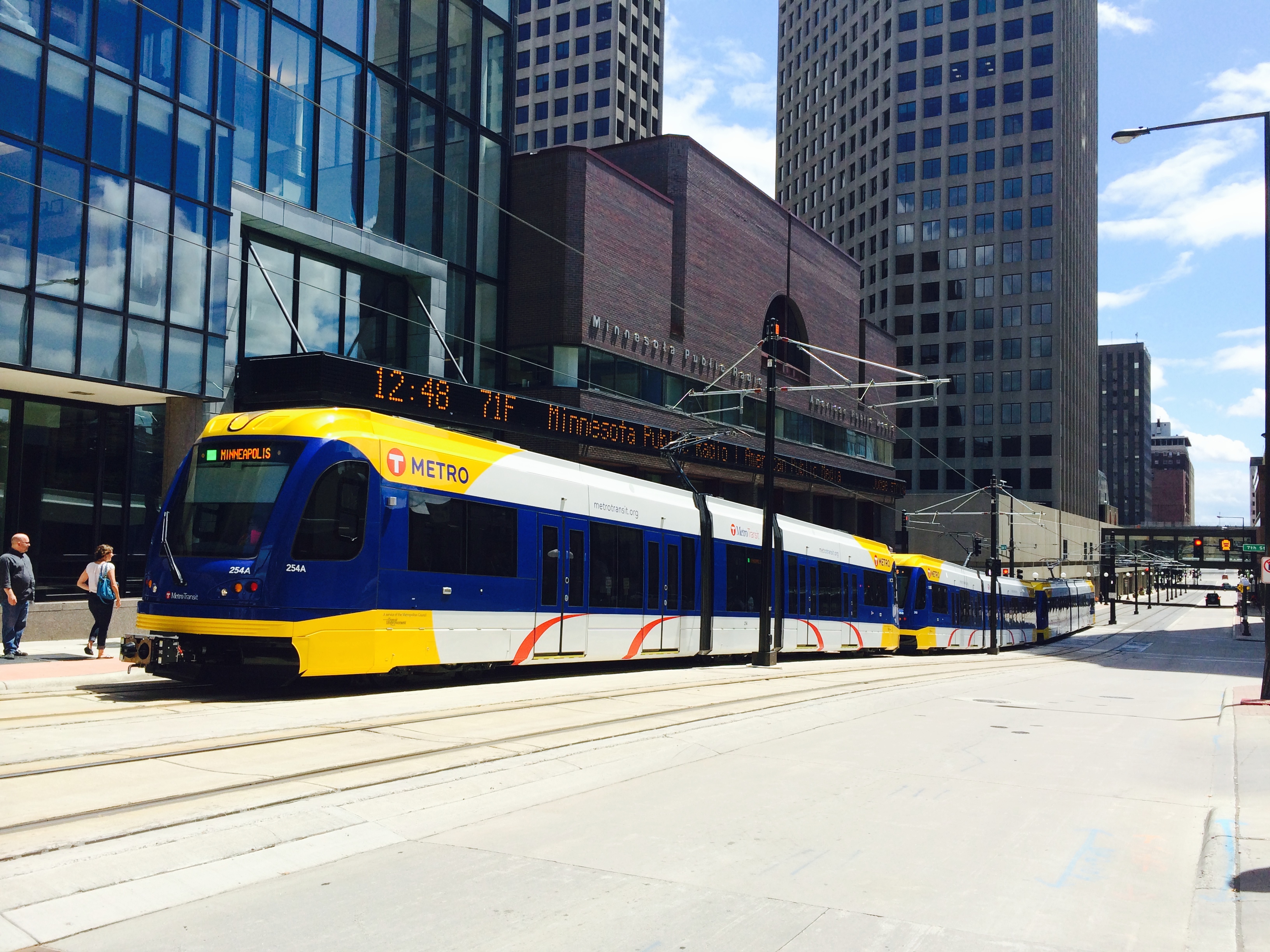 A Green Line near the Minnesota Public Radio building in downtown Saint Paul.