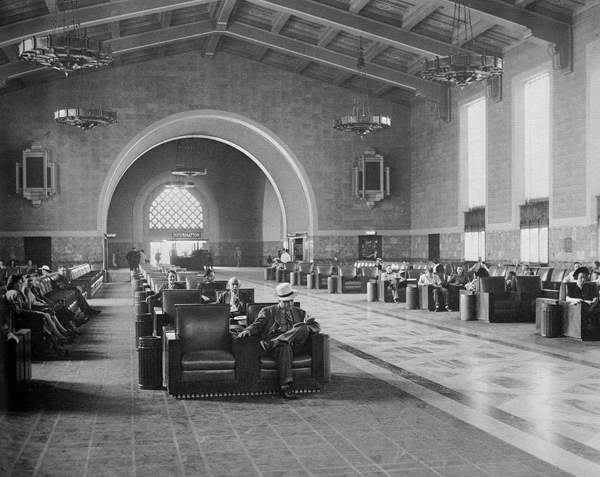 Ephemeral patterns of light and dark cascade across durable patterns in concrete and marble. Courtesy of the Los Angeles Railroad Heritage Foundation Collection.
