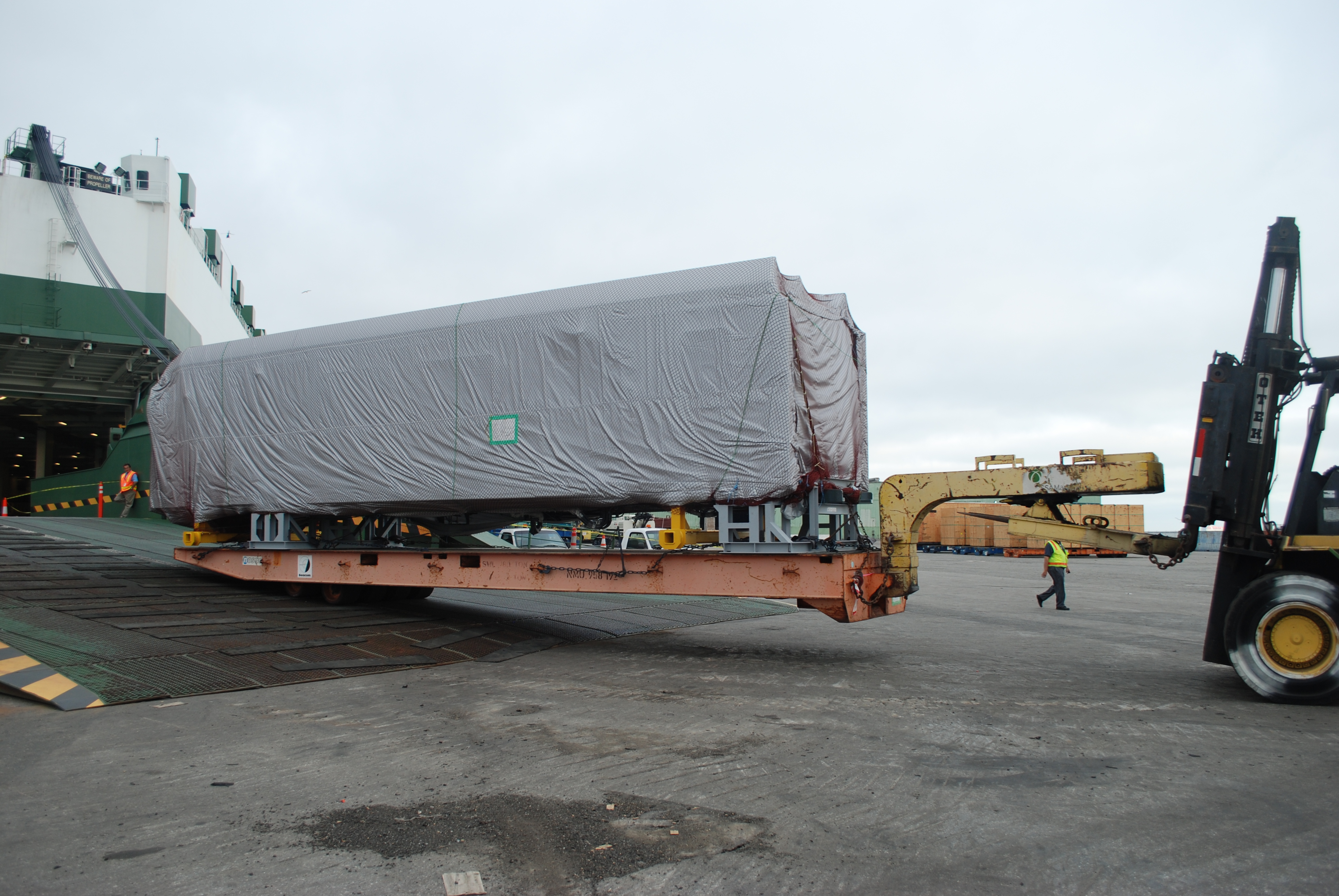 First new Kinkisharyo light rail car arriving at the Port of Long Beach.