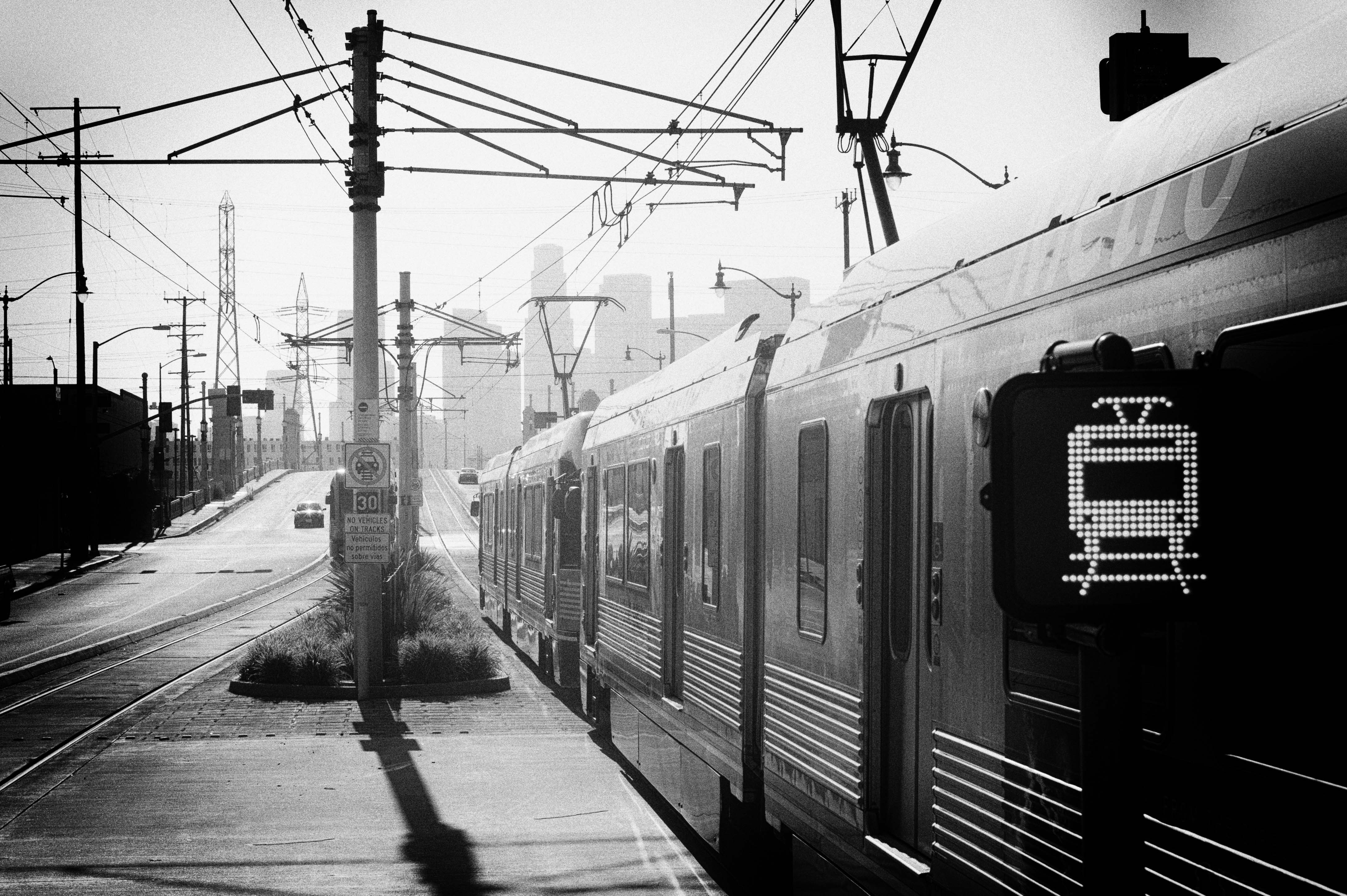 ART OF TRANSIT: The Eastside Gold Line headed to downtown L.A. last week. For the photographically curious, I processed the pic with Silver Efex Pro's pinhole present and shot it with my Nikon DSLR in color in RAW and converted to B&W. Photo by Steve Hymon/Metro.