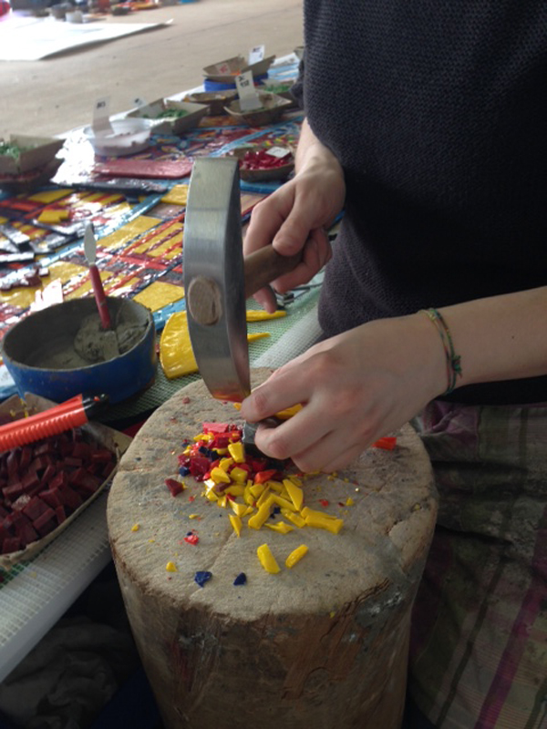 Glass mosaic pieces known as smalti are hand cut into thousands of pieces. Photo courtesy Mayer of Munich.