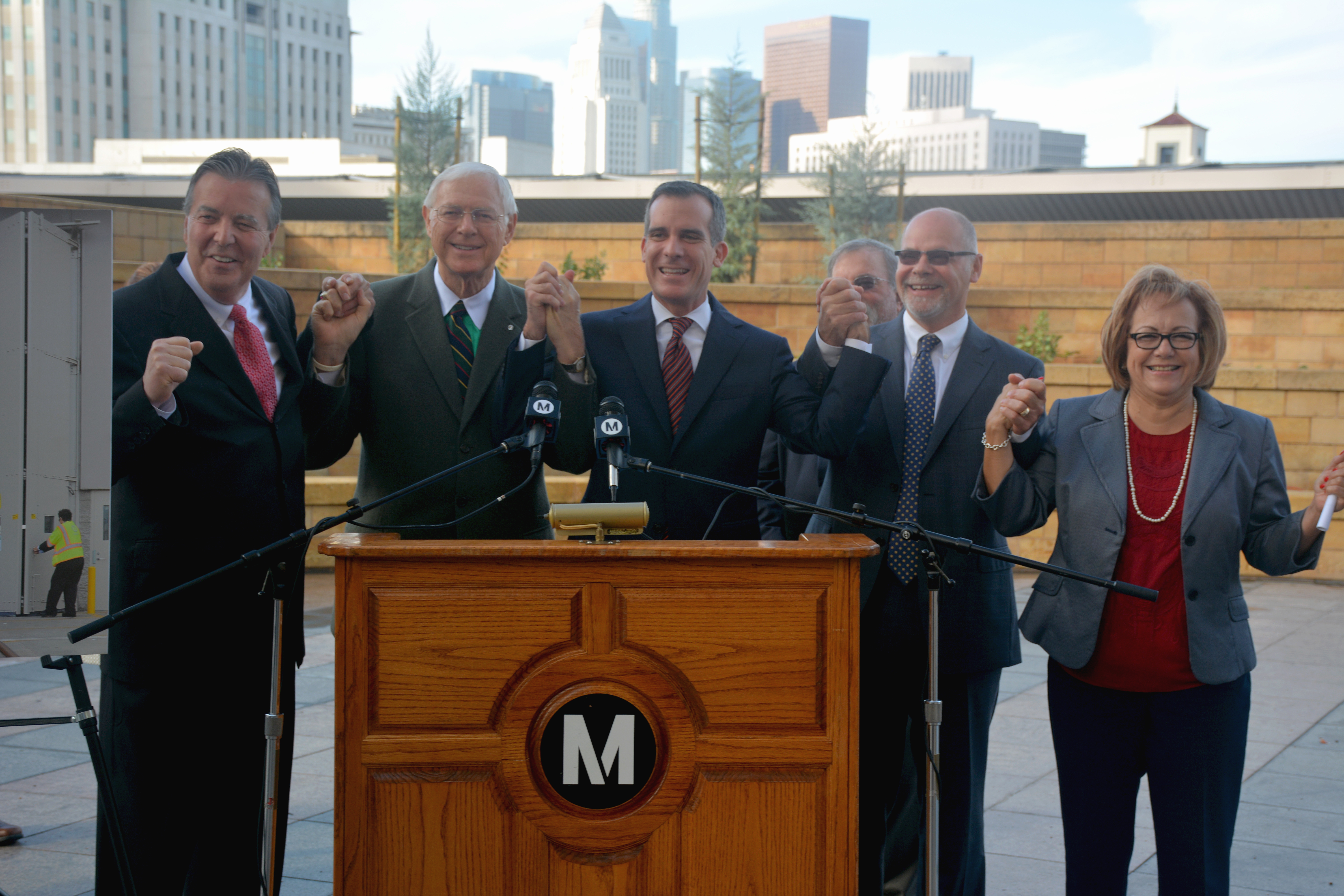 From left: XX, Supervisor Michael D. Antonovich, L.A. Mayor Eric Garcetti, XX and Los Angeles County Federation of Labor's Maria Elena Durazo.