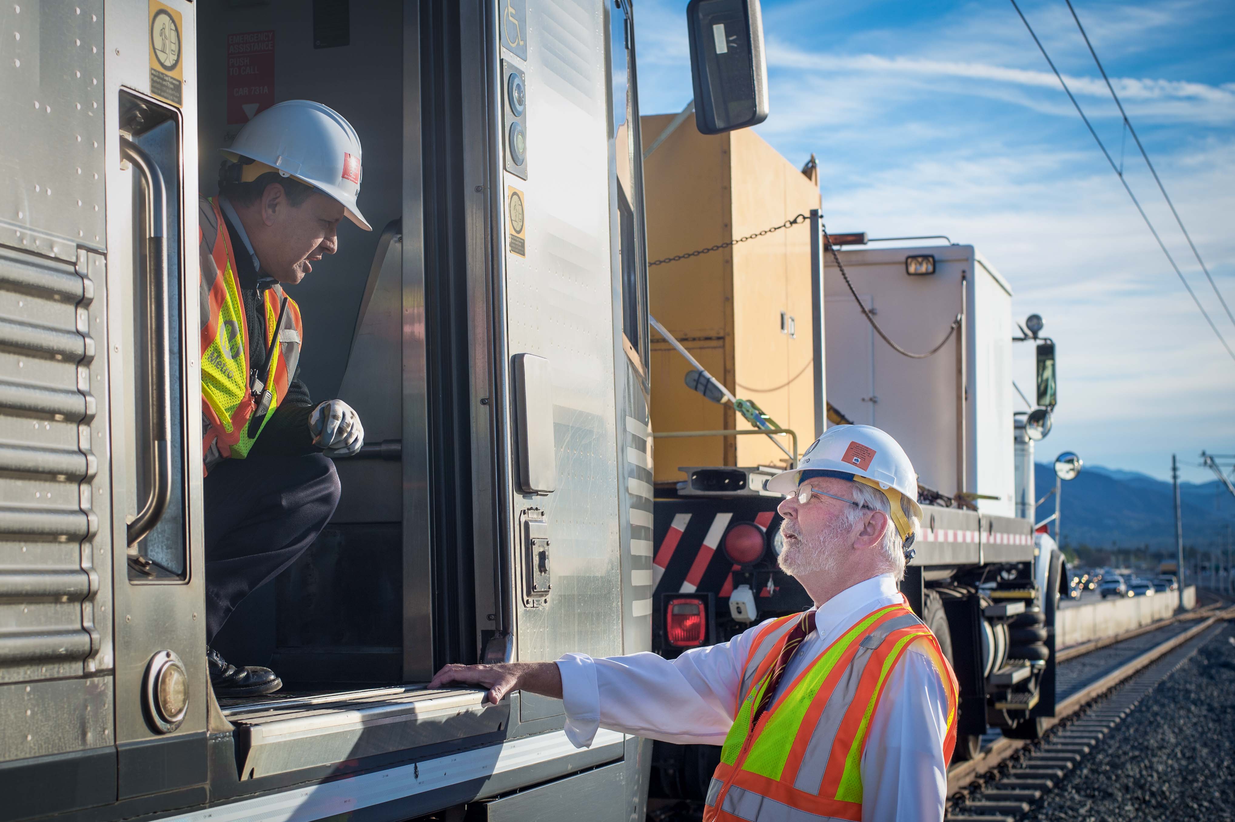 Art, at right, checking out the Gold Line Foothill Extension clearance testing last month. Photo by Steve Hymon/Metro.
