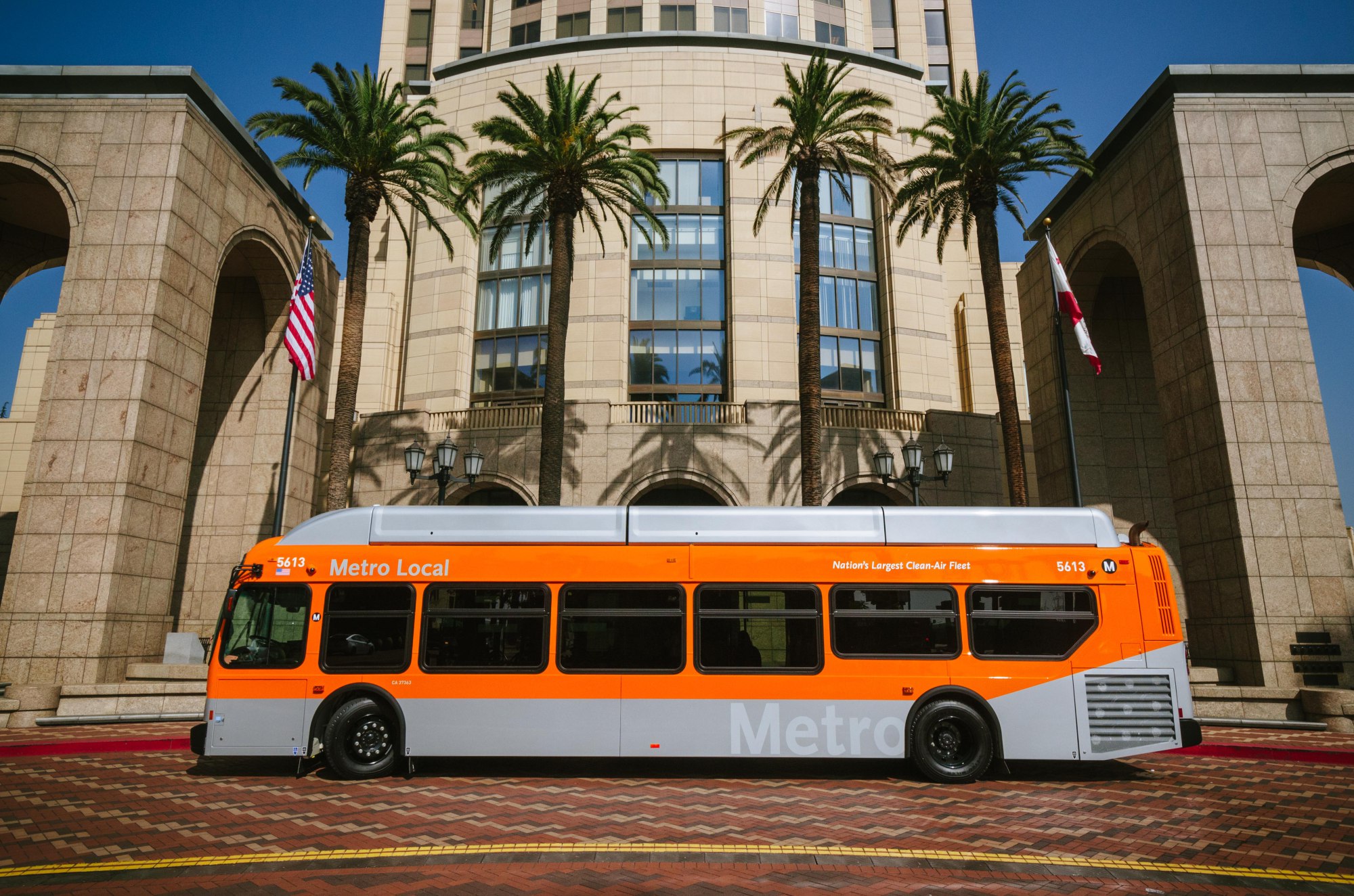 One of the New Flyer buses recently put into service in front of Metro HQ. Photo by Steve Hymon/Metro.