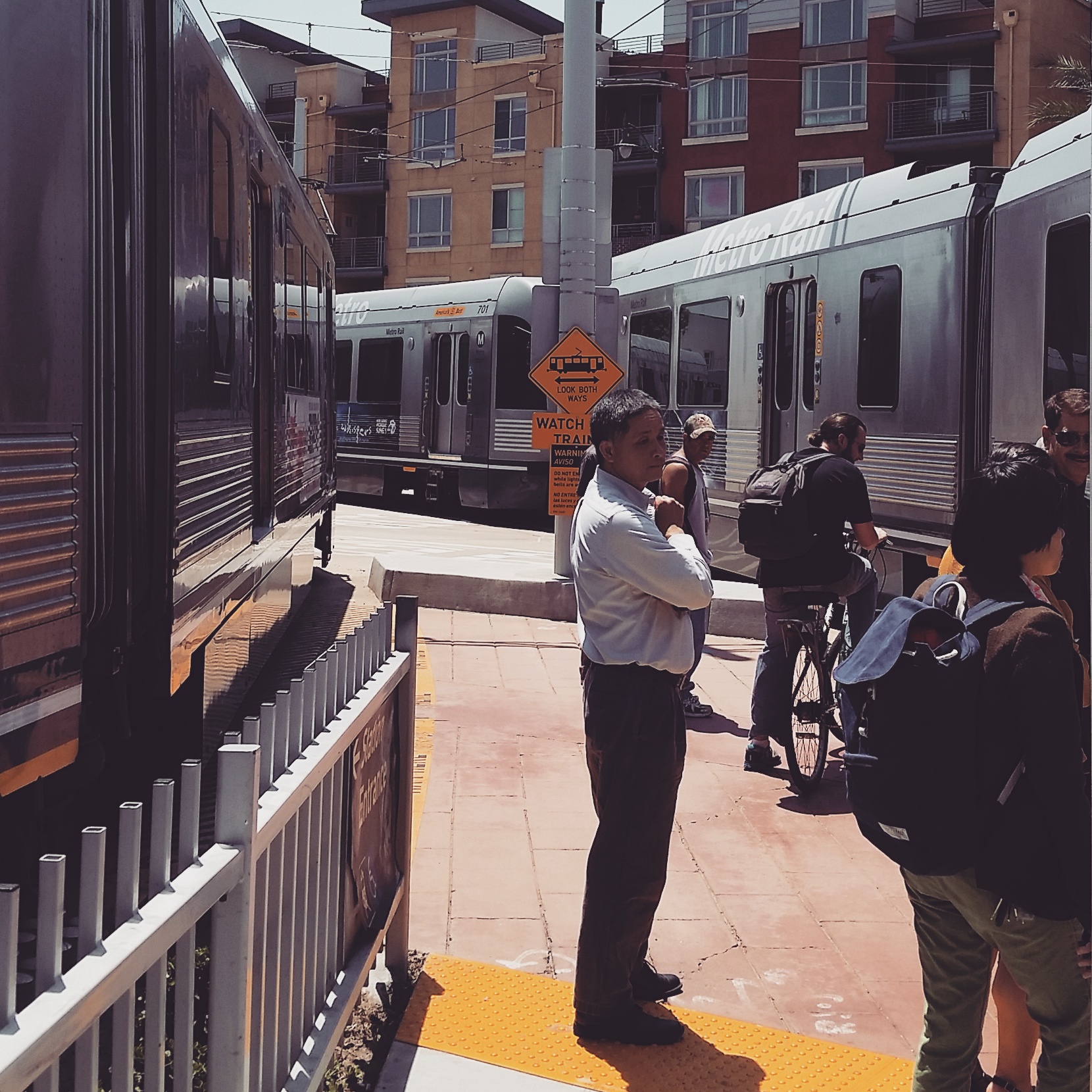 Gold Line trains in Little Tokyo. Photo by Anna Chen / Metro.