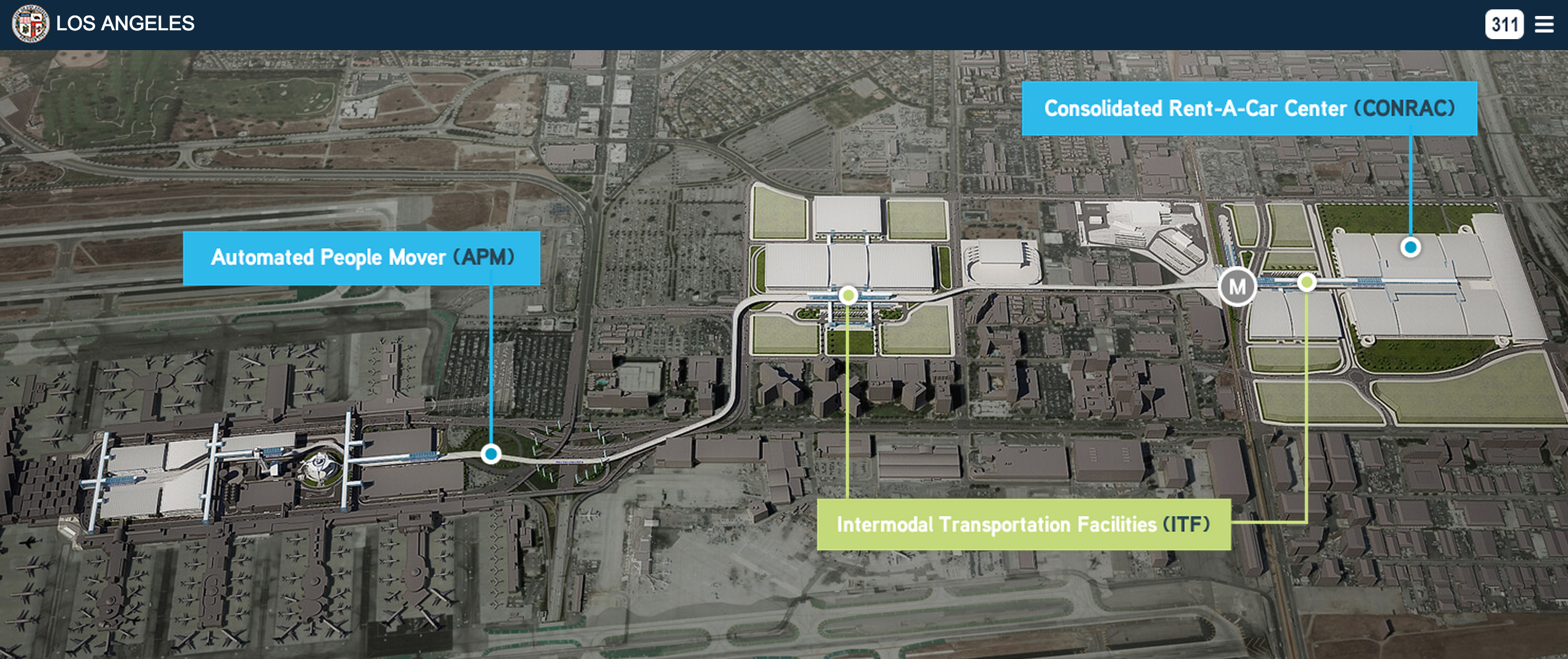 The people mover's route. The 'M' shows the station that will connect with the Crenshaw/LAX Line. Source: Los Angeles World's Airport.