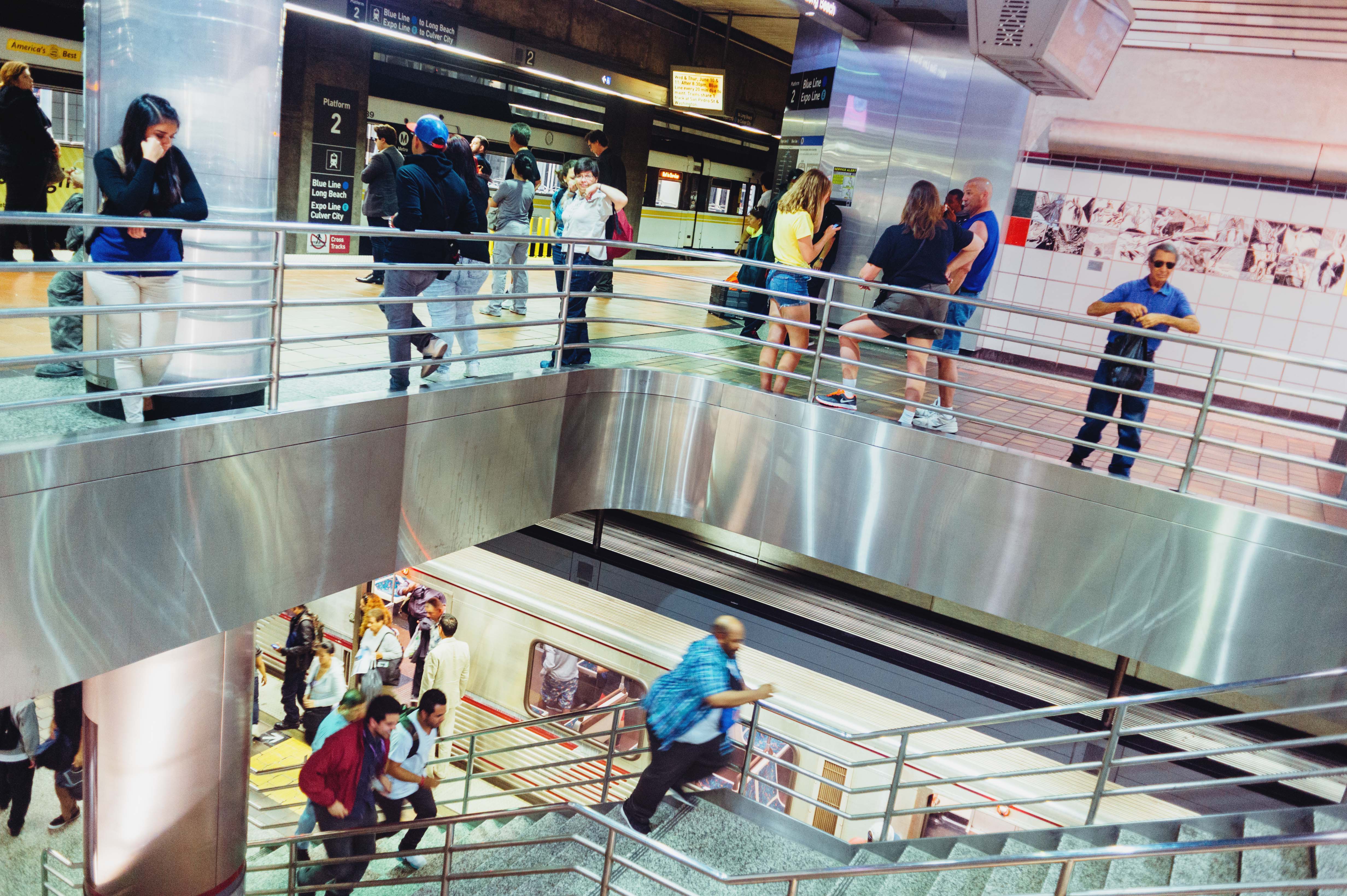 The busy 7th/Metro Center Station served by the Blue and Expo Lines on the upper level and the Red/Purple Line subway on the lower level.