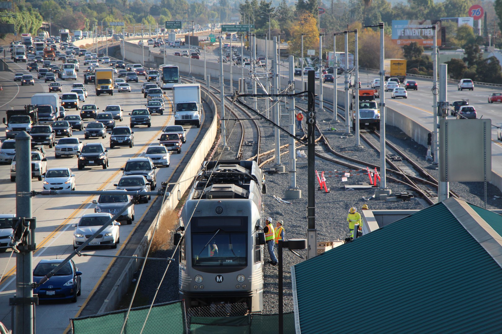 Gold Line clearance testing this spring -- looking east toward Arcadia. Test trains are currently running under their own power. Photo: Steve Hymon/Metro.