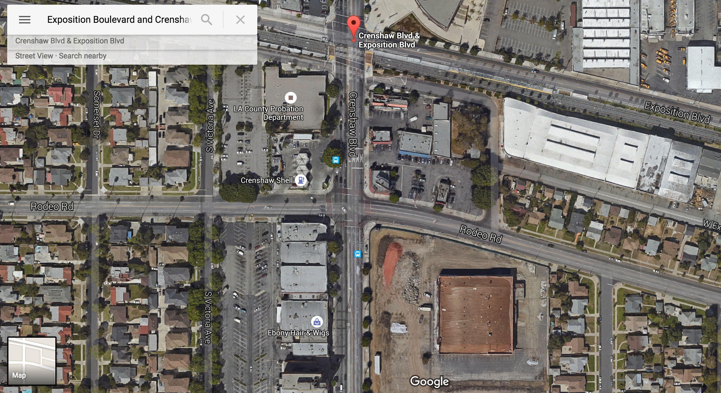 A developer is proposing 200 or so residences for the southeast corner of Crenshaw and Rodeo Road. Photo: Google Maps.
