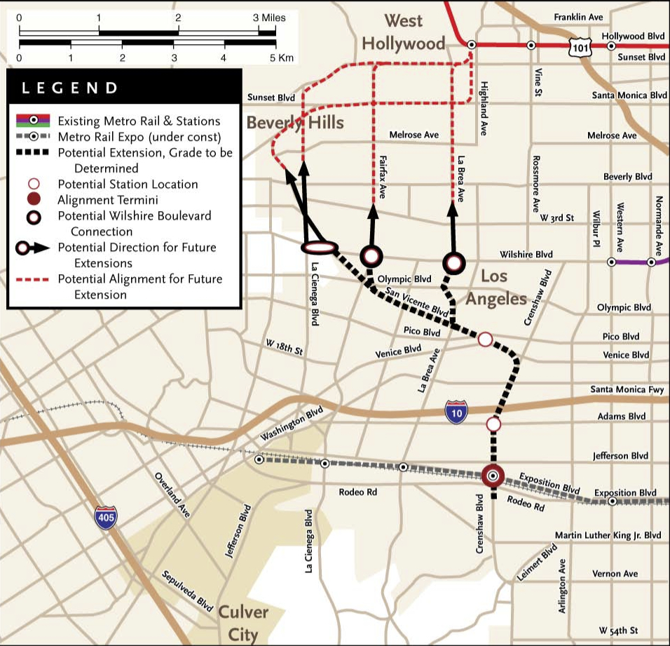 A map from a 2009 Metro study that briefly explored some possible extensions for the Crenshaw/LAX Line that could be studied further in the future. Click to see larger.