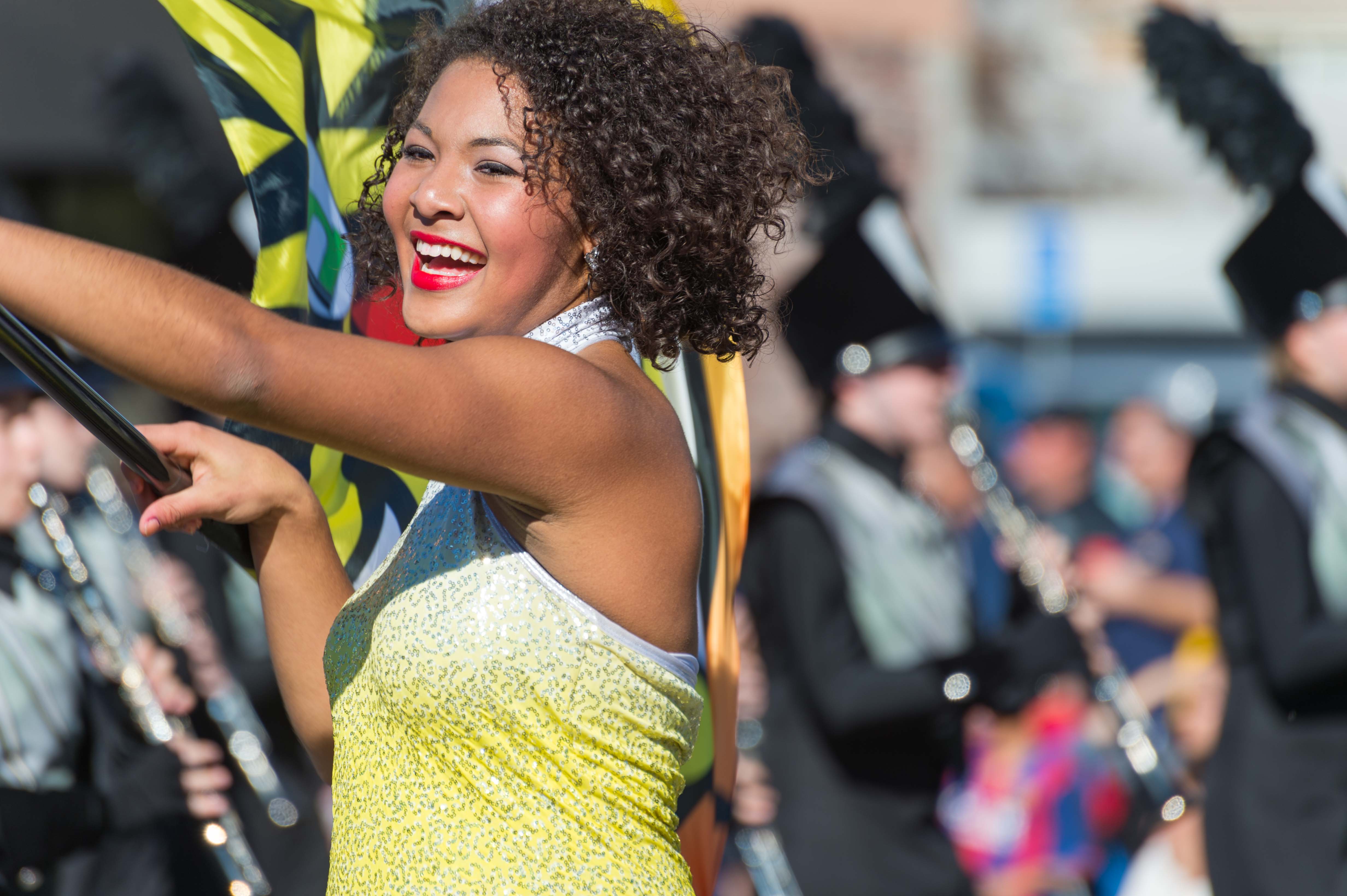 A flag girl for the William Mason High School in the Gold Line-adjacent Tournament of Roses parade on Friday. My first full-time newspaper gig was in good ol' Mason, Ohio, which has since sprawled and sprawled and sprawled some more. Photo by Steve Hymon.