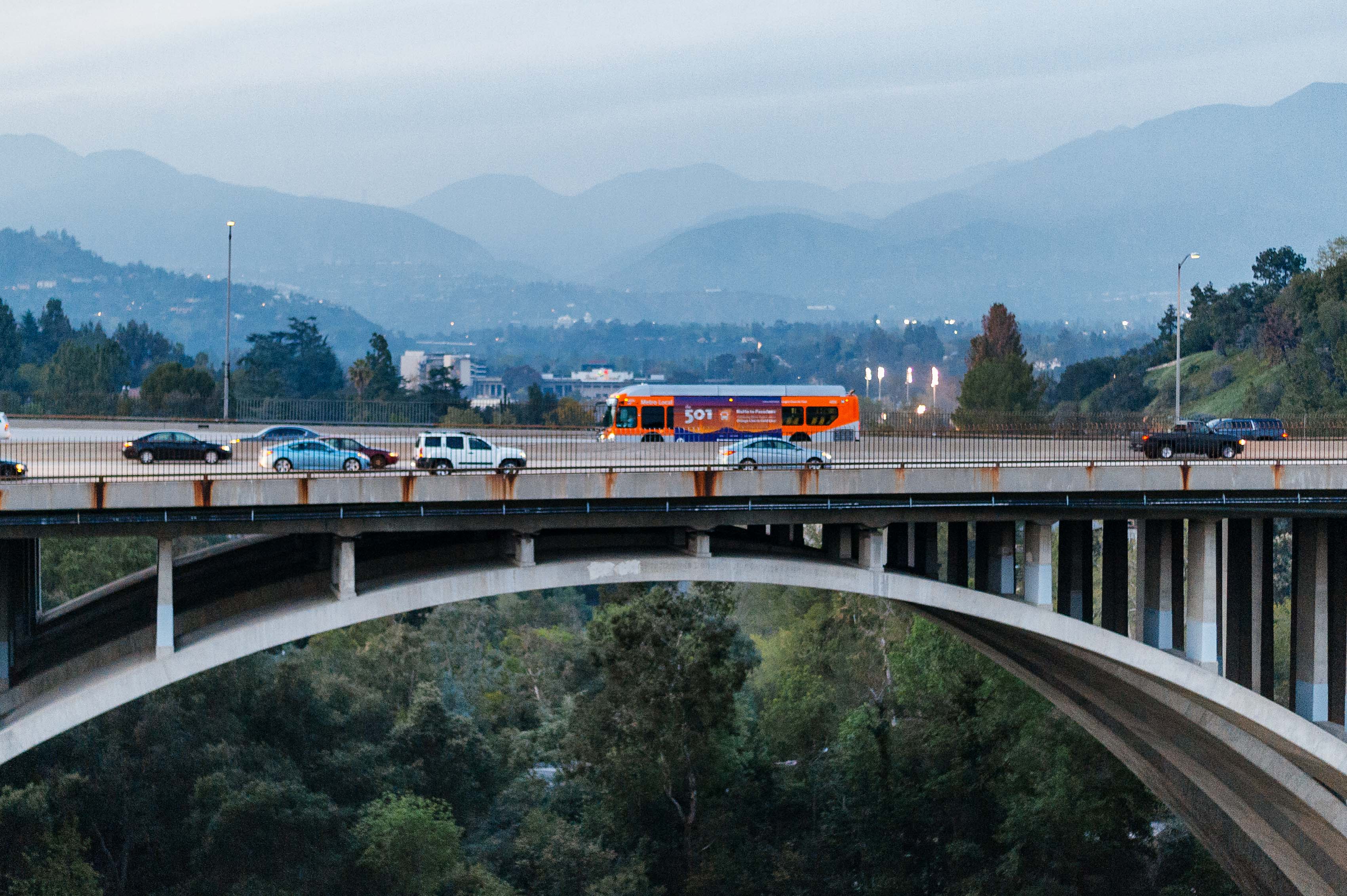 The new NoHo-Pasadena Express crossing the Arroyo Seco in Pasadena on Thursday. Click above for more info on the new express bus. Photo by Steve Hymon/Metro.
