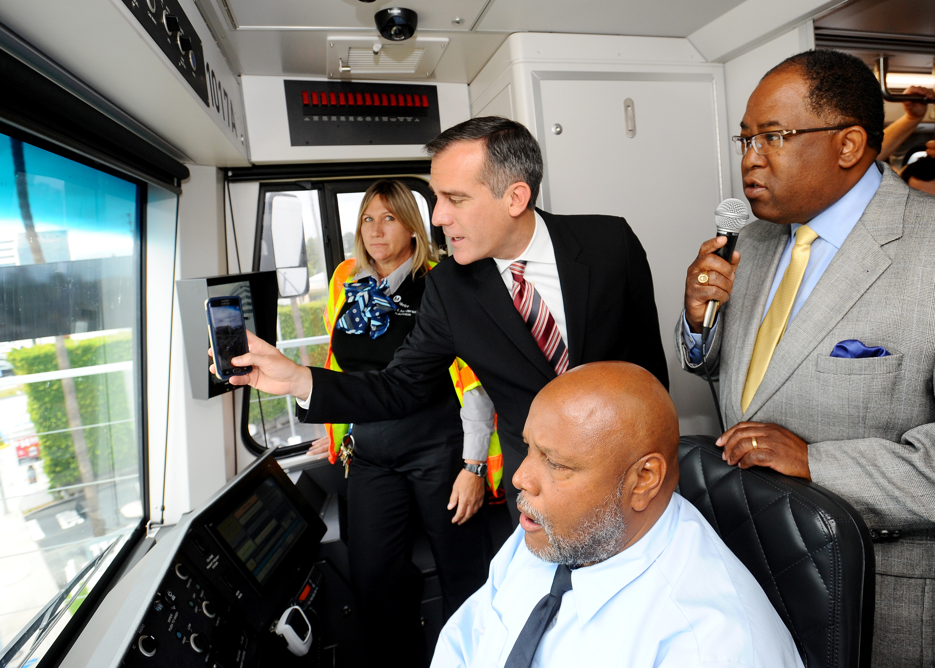 SANTA MONICA, CA - MAY 9: Expo Line VIP train to Santa Monica station on May 9, 2016 in Culver City, California.