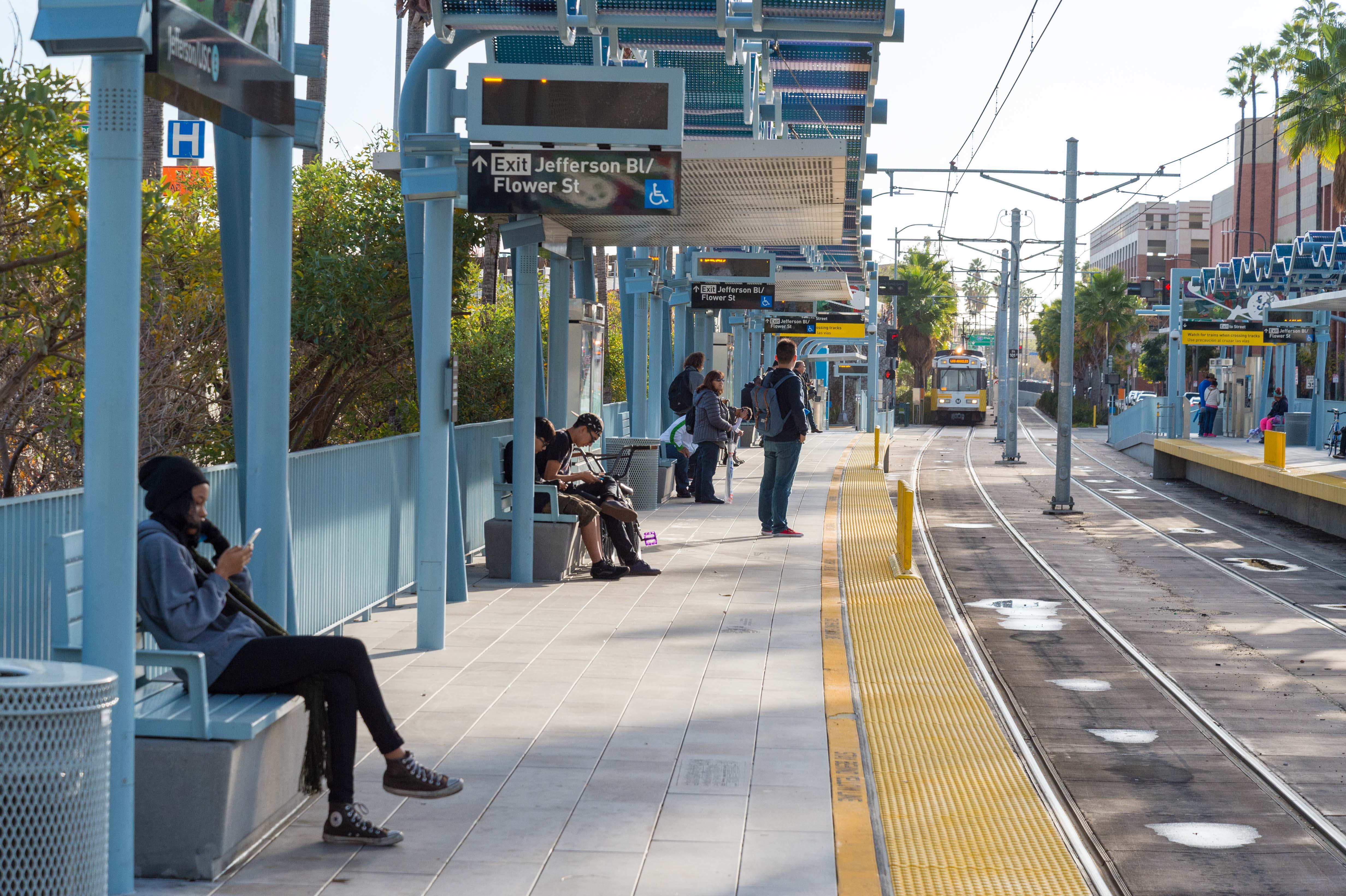 Trains are controlled by traffic signals when crossing Jefferson Boulevard near USC. Photo by Steve Hymon/Metro.