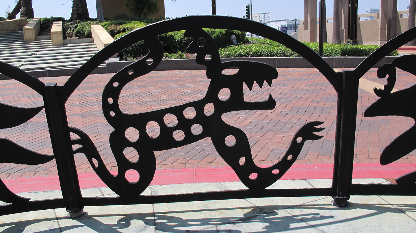 "Guardians of the Track" by artist Michael Amescua. 79 new artwork panels have been added to Union Station's Patsaouras Bus Plaza.