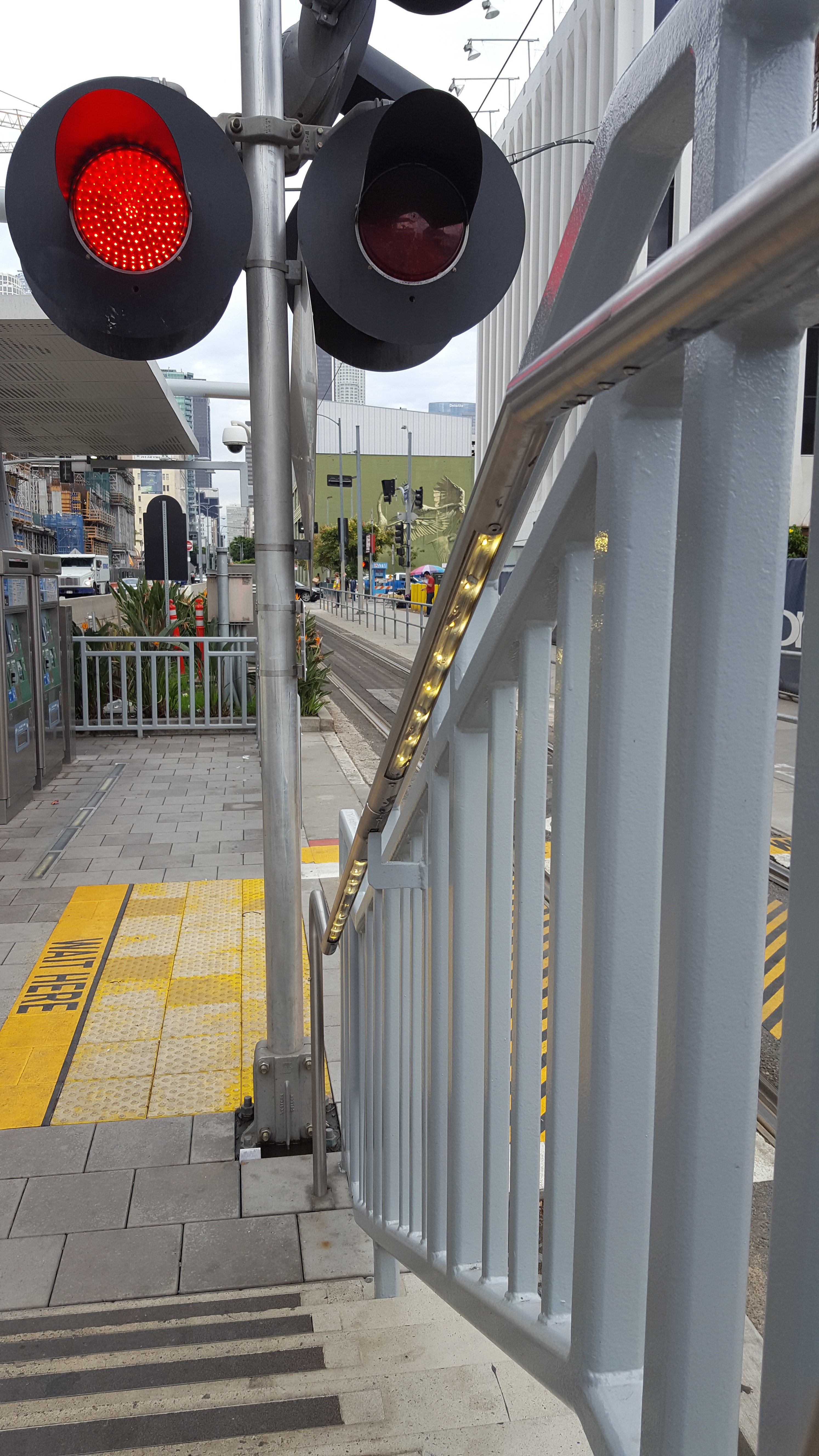 New LED lights on the stairs at Pico Station to warn riders that a train is approaching. Photo by Anna Chen/Metro.